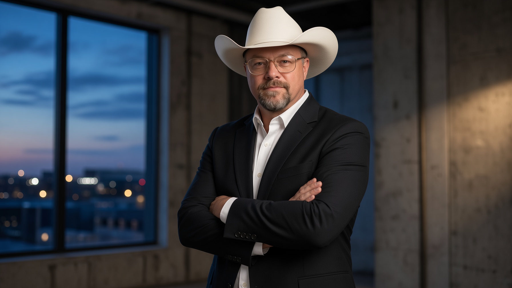 Chad Sanders in a city loft, white hat and black blazer, arms crossed, city at dusk
